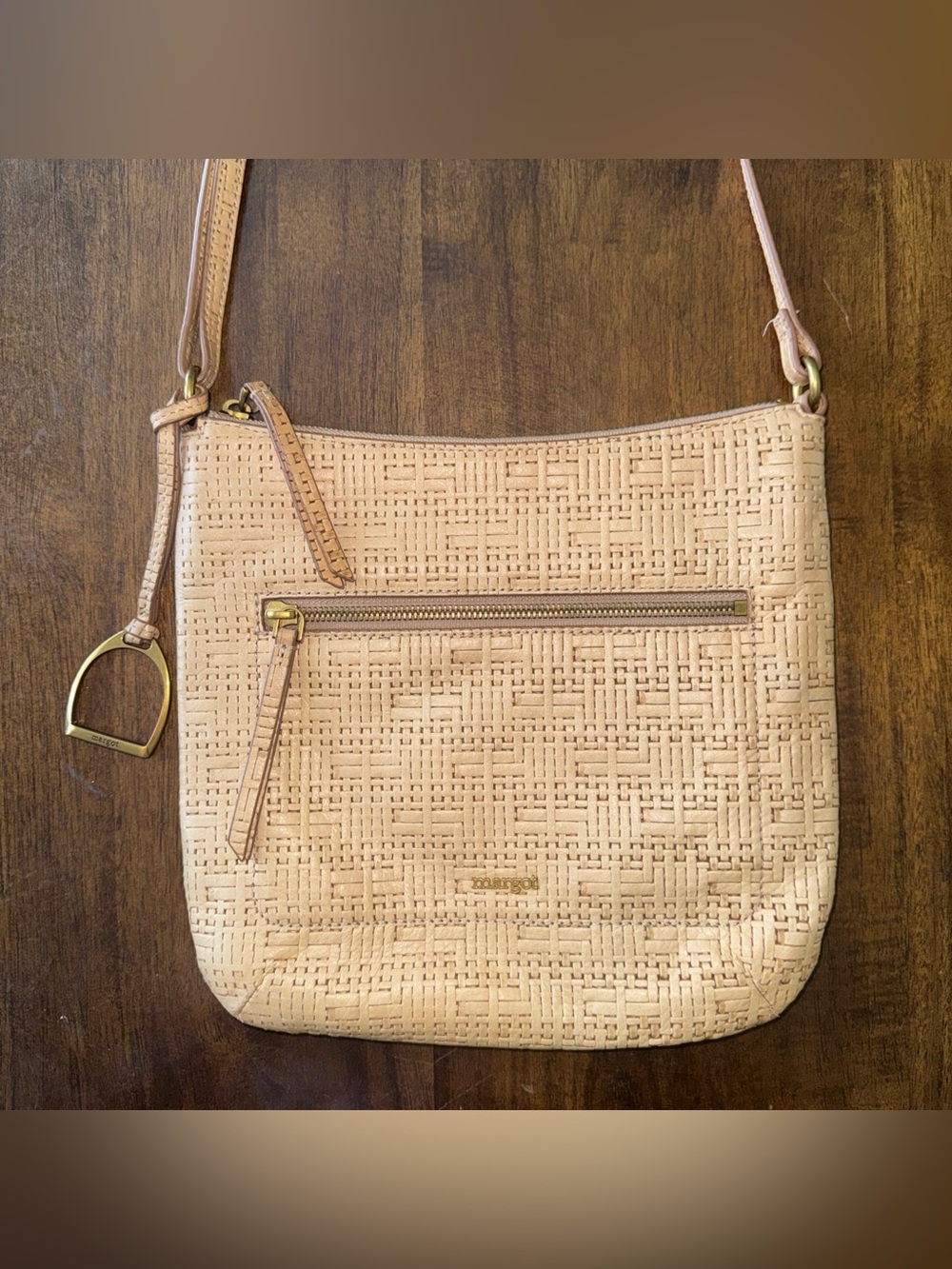 Margot New York Brown Woven Laser Cut Leather Crossbody Purse Women's Handbag